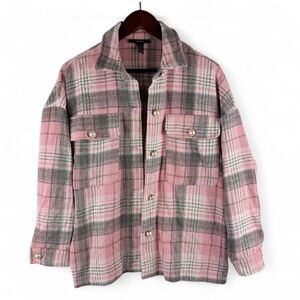 Women Pink Gray Plaid Plaid Pearl Button Shacket Shirt Jacket Small Chic Preppy